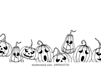 Vector halloween calabazas de miedo con los ojos negros. Dibujos lineales pintados a mano. Arte gráfico monocromo para tatuaje, pintura mágica de la mano para vacaciones, horror. Aislado en el fondo. Para los diseñadores,