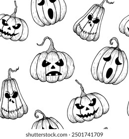 Vector de calabazas de miedo de Halloween con ojos negros sin patrón. Ilustraciones lineales pintadas a mano. Arte monocromático gráfico para el tatuaje, pintura mágica de la mano para el día de fiesta, horror. Aislado en el fondo