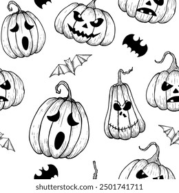 Vector de calabazas de miedo de Halloween con ojos negros y patrón sin fisuras de murciélago. Ilustraciones lineales pintadas a mano. Arte monocromático gráfico para el tatuaje, pintura mágica de la mano para el día de fiesta, horror. Aislado en b