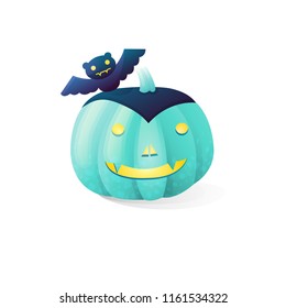 Vector halloween scary vampire pumpkins isolated on white background. With candle light inside and bat