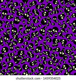 Vector Halloween scattered skulls seamless pattern. Design background for party poster. Hand drawn cartoon illustration. Objects isolated over purple.