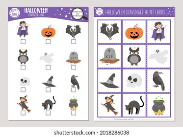 Vector Halloween Scavenger Hunt Cards Set. Seek And Find Game With Witch, Lantern, Vampire For Kids. Autumn Fall Holiday Searching Activity. Simple Educational Printable Worksheet.
