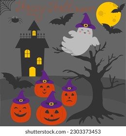 Vector Halloween scene with haunting house, pumpkin characters, bats in cartoon style.