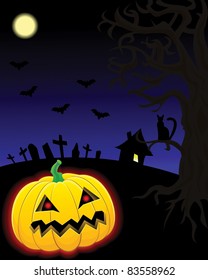 vector halloween scene with moon, house and pumpkin