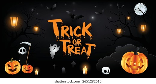 Vector Halloween scene with pumpkins, ghosts, grim reaper, and glowing lanterns under moonlight. Perfect for spooky holiday themes.