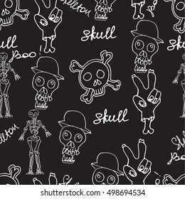 Vector Halloween Seamless Background. Hand drawn pattern. Monochrome illustration.