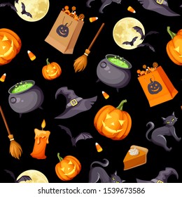 Vector Halloween seamless background with jack-o-lanterns, cats, bats, cauldrons, witches hats, candles, brooms and candies on black.