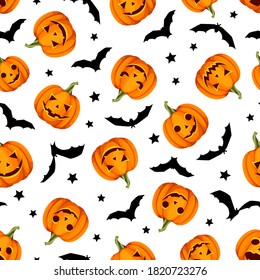 Vector Halloween seamless background with jack-o-lanterns (pumpkins), bats and stars on white.