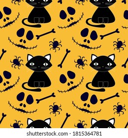 Vector halloween seamless background. Seamless pattern with black cat, ghost, bone, spider web on orange background for fabrics, paper, textile, gift wrap 