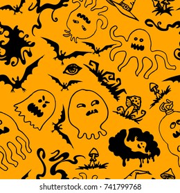 Vector Halloween seamless hand drawn texture with bats, and ghosts. Eps-8
