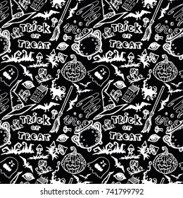 Vector Halloween seamless hand drawn texture with bats, hat. ghosts and letterings. Eps-8