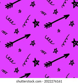 Patrón de flechas, rizos y estrellas sin fisuras de los vectores de halloween. Graciosa y linda ilustración para el diseño estacional, textil, decoración, sala de juegos para niños o tarjeta de saludo. Impresiones dibujadas a mano y garabatos.