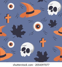 Vector Halloween seamless pattern. Background with skull, cross and witch hat for textile, fabric, print design.