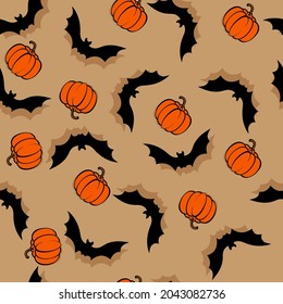 Vector. Halloween seamless pattern with bats and orange pumpkins with shadow, holiday decorations. Halloween party invitation card mockup. Flat lay, top view.