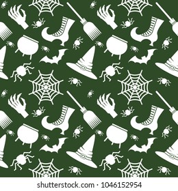 Vector Halloween seamless pattern. Black icons of skull, spider, web, pumpkins, cauldron. Design elements for halloween party poster. Flat cartoon illustration. Objects isolated on a white background.