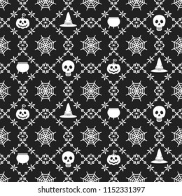 Vector Halloween seamless pattern. Black icons of skull, spider, web, pumpkins, cauldron. Design elements for halloween party poster. Flat cartoon illustration. Objects isolated on a white background.
