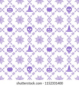 Vector Halloween seamless pattern. Black icons of skull, spider, web, pumpkins, cauldron. Design elements for halloween party poster. Flat cartoon illustration. Objects isolated on a white background.