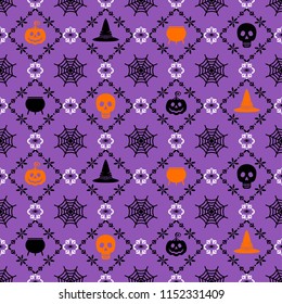 Vector Halloween seamless pattern. Black icons of skull, spider, web, pumpkins, cauldron. Design elements for halloween party poster. Flat cartoon illustration. Objects isolated on a white background.