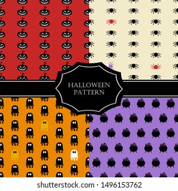 Vector Halloween seamless pattern. Black icons of skull, spider, web, pumpkins, cauldron. Design elements for halloween party poster. Flat cartoon illustration. Objects isolated on a white background.