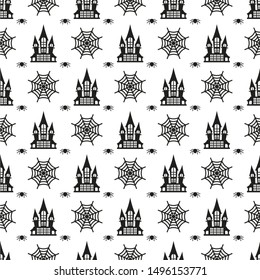 Vector Halloween seamless pattern. Black icons of skull, spider, web, pumpkins, cauldron. Design elements for halloween party poster. Flat cartoon illustration. Objects isolated on a white background.