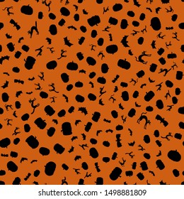 vector halloween seamless pattern - black silhouettes on orange background