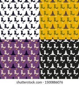 Vector Halloween seamless pattern. Black icons of skull, spider, web, pumpkins, cauldron. Design elements for halloween party poster. Flat cartoon illustration. Objects isolated on a white background.