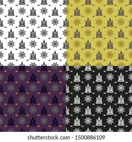 Vector Halloween seamless pattern. Black icons of skull, spider, web, pumpkins, cauldron. Design elements for halloween party poster. Flat cartoon illustration. Objects isolated on a white background.