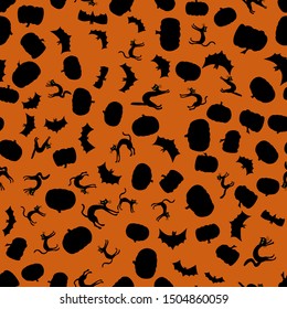 vector halloween seamless pattern - black silhouettes on orange background