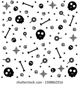 Vector Halloween seamless pattern. Black icons of skull, spider, bones. Design elements for halloween party poster. Flat cartoon illustration.