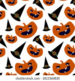 Vector halloween seamless pattern with black heat, pumpkin on white background for fabrics, paper, textile, gift wrap 