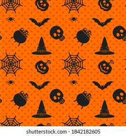 Vector Halloween seamless pattern. Black icons of skull, spider, web, pumpkins, cauldron. Design elements for halloween party poster. Flat cartoon illustration. Objects isolated on orange background.