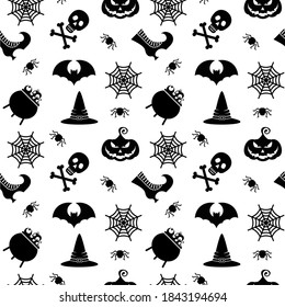 Vector Halloween seamless pattern. Black icons of skull, spider, web, pumpkins, cauldron. Design elements for halloween party poster. Flat cartoon illustration. Objects isolated on a white background.
