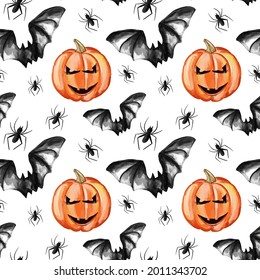 Vector Halloween seamless pattern. Black icons of eyes, feathers, mushrooms, pumpkins. Design elements for Halloween party poster. Cartoon flat illustration. 