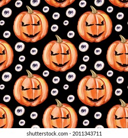 Vector Halloween seamless pattern. Black icons of eyes, feathers, mushrooms, pumpkins. Design elements for Halloween party poster. Cartoon flat illustration. Vector illustration