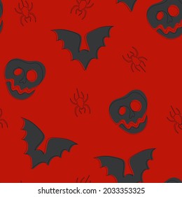 
Vector Halloween seamless pattern. Black icons of skull, spider, web, pumpkins. Design elements for halloween party poster. Flat cartoon illustration. Objects isolated on a white background.