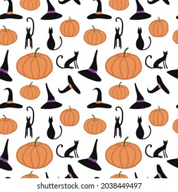 Vector Halloween seamless pattern  Black cat  pumpkin  witch hat  Design for Halloween decor  textile  wrapping paper  wallpapers  sticker  greeting cards 