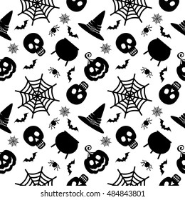 Vector Halloween seamless pattern. Black icons of skull, spider, web, pumpkins, cauldron. Design elements for halloween party poster. Flat cartoon illustration. Objects isolated on a white background.