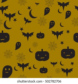 Vector Halloween seamless pattern. Black icons bats, spider webs, pumpkins, ghosts, stars, the moon. Design elements for banner Halloween. Flat cartoon illustration.