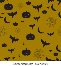 Vector Halloween seamless pattern. Black icons bats, spider webs, pumpkins, ghosts, stars, the moon. Design elements for banner Halloween. Flat cartoon illustration.