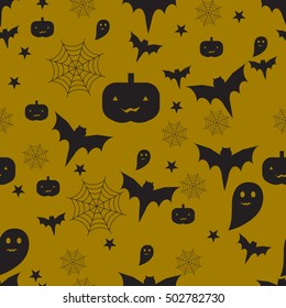 Vector Halloween seamless pattern. Black icons bats, spider webs, pumpkins, ghosts, stars. Design elements for banner Halloween. Flat cartoon illustration.