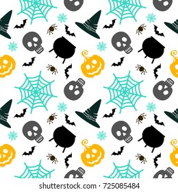 Vector Halloween seamless pattern. Black icons of skull, spider, web, pumpkins, cauldron. Design elements for halloween party poster. Flat cartoon illustration. Objects isolated on a white background.