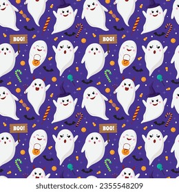 Vector Halloween sin fisuras. Caramelos, fantasma con sombrero de bruja sobre fondo azul oscuro. Fondo para papel pintado, impresión, textil, tela, envoltura.
