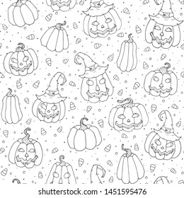 Vector Halloween seamless pattern with candy corns, smiling pumpkins and witch hats black outline. Holiday background for wrapping paper, coloring books, etc.
