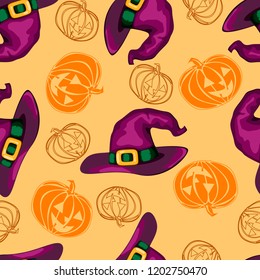 Vector Halloween seamless pattern with cartoon witch hats and pumpkins on orange background.
