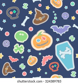 Vector Halloween seamless pattern. Cartoon pumpkins and skulls, bat, coffin.   Hand drawn vector illustration. 