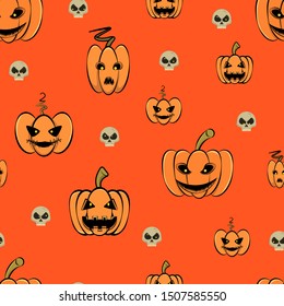 vector Halloween seamless pattern with carved pumpkins and crazy skulls