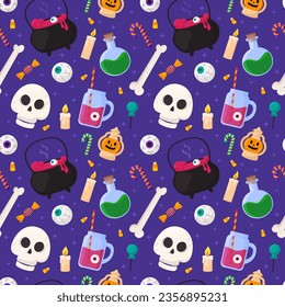 Vector Halloween seamless pattern. Cauldron, bone, skull, witch pot with potion, candies, on dark blue background. Backdrop for wallpaper, print, textile, fabric, wrapping.