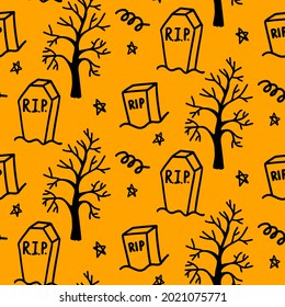 Vector halloween seamless pattern. Cemetery with dry wood, graves, night sky, stars and curls abstract scribble. Illustration for seasonal design, textile, decoration kids playroom or greeting card.