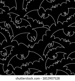 Vector halloween  seamless pattern : chalk style line art of flying bats on black. Holiday design for textile, wrapping paper, scrapbooking, card, poster, party decor.