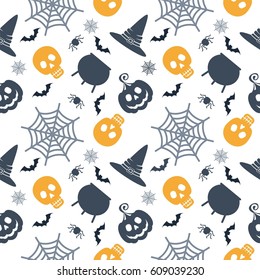 Vector Halloween seamless pattern. Color icons of skull, spider, web, pumpkins, cauldron. Design elements for halloween party poster. Flat cartoon illustration. Objects isolated on a white background.